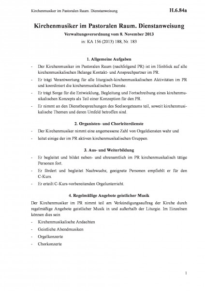 H.6.84a Kirchenmusiker im Pastoralen Raum. Dienstanweisung