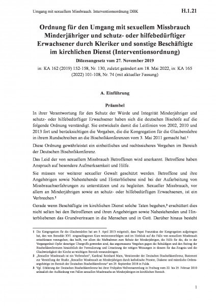 H.1.21 Umgang mit sexuellem Missbrauch. Interventionsordnung DBK