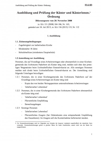 H.6.83 Ausbildung und Prüfung der Küster. Ordnung