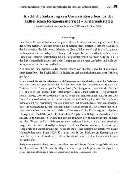 F.4.18b Kirchliche Zulassung von Unterrichtswerken für den kath. RU. Kriterienkatalog