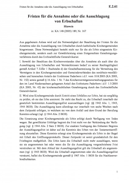 E.2.61 Fristen für die Annahme oder die Ausschlagung von Erbschaften