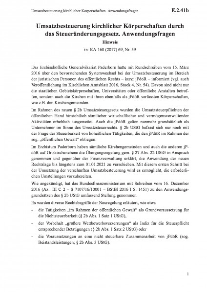 E.2.41b Umsatzbesteuerung kirchlicher Körperschaften. Anwendungsfragen