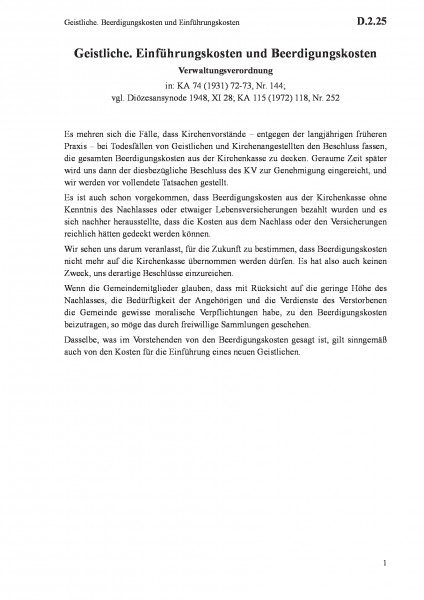 D.2.25 Geistliche. Beerdigungskosten und Einführungskosten