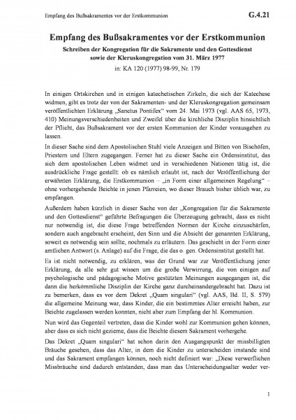 G.4.21 Empfang des Bußsakramentes vor der Erstkommunion