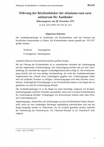 D.4.41 Führung d. Kirchenbücher d. missiones cum cura animarum