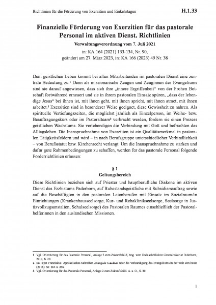 H.1.33 Richtlinien für die Förderung von Exerzitien und Einkehrtagen