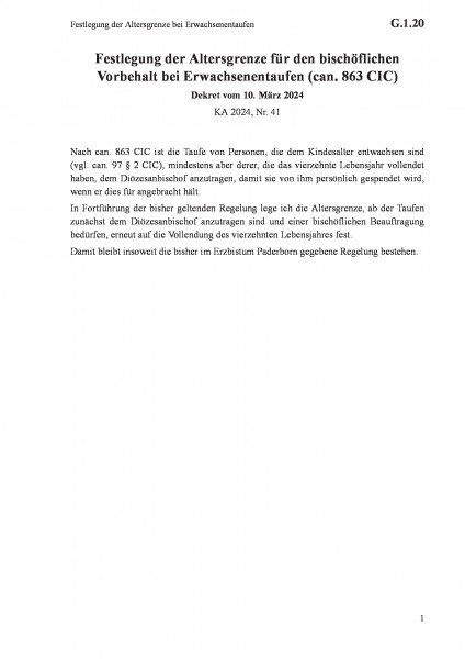 G.1.20 Festlegung der Altersgrenze bei Erwachsenentaufen