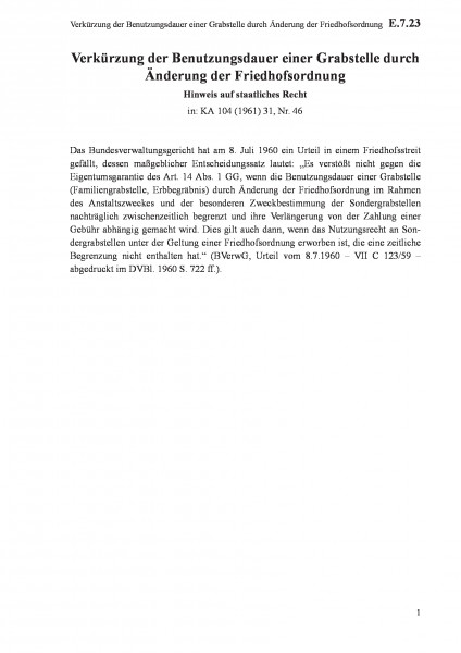 E.7.23 Verkürzung der Benutzungsdauer einer Grabstelle durch Änderung der Friedhofsordnung