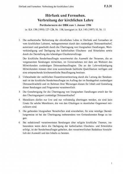 F.3.31 Hörfunk und Fernsehen. Verbreitung der kirchlichen Lehre