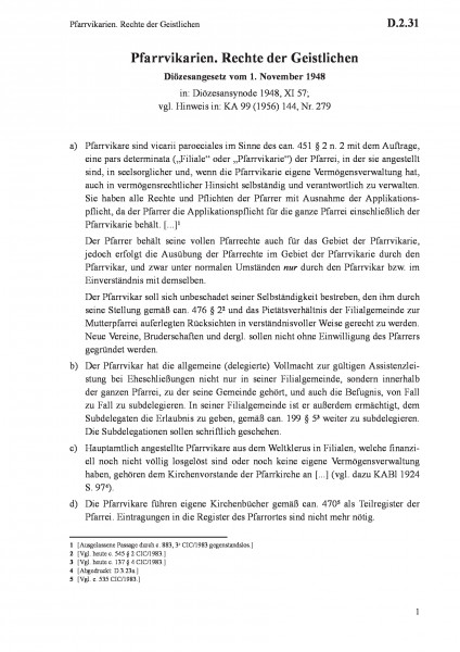 D.2.31 Pfarrvikarien. Rechte der Geistlichen