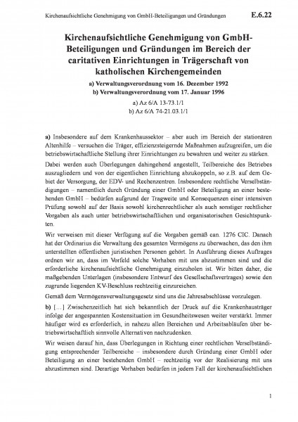 E.6.22 Kirchenaufsichtliche Genehmigung von GmbH-Beteiligungen und Gründungen