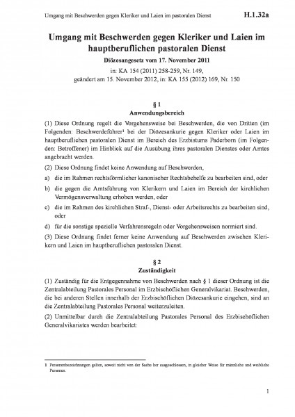 H.1.32a Umgang mit Beschwerden gegen Kleriker und Laien im pastoralen Dienst