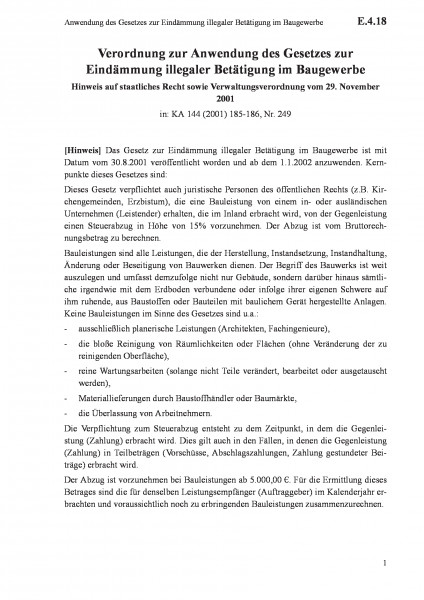 E.4.18 Anwendung des Gesetzes zur Eindämmung illegaler Betätigung im Baugewerbe