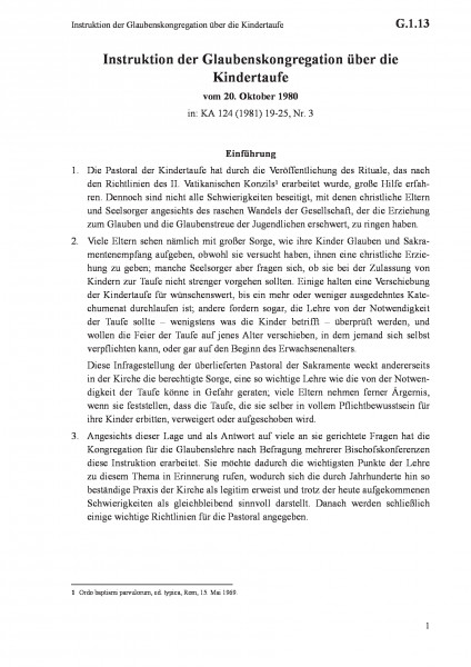 G.1.13 Instruktion der Glaubenskongregation über die Kindertaufe