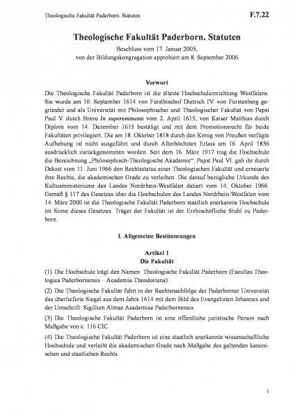 F.7.22 Theologische Fakultät Paderborn. Statuten