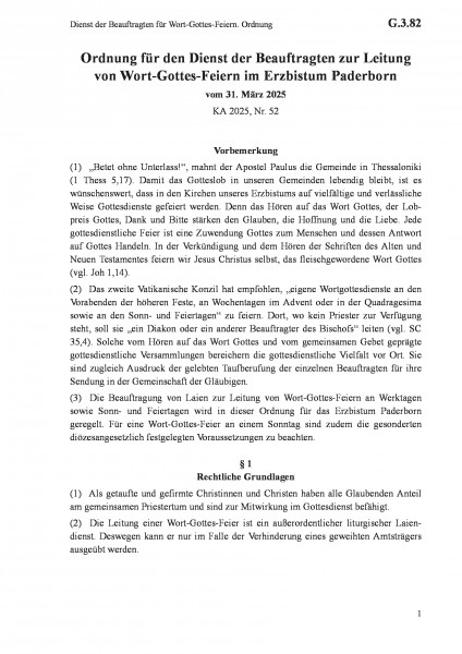 G.3.82 Dienst der Beauftragten für Wort-Gottes-Feiern. Ordnung