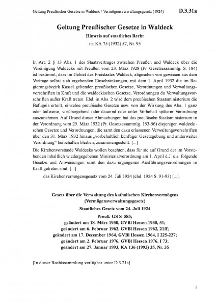 D.3.31a Geltung Preußischer Gesetze in Waldeck / Vermögensverwaltungsgesetz (1924)