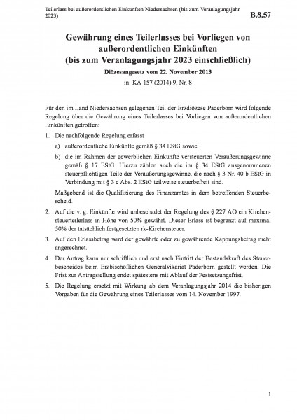 B.8.57 Teilerlass bei außerordentlichen Einkünften Niedersachsen (bis zum Veranlagungsjahr 2023)