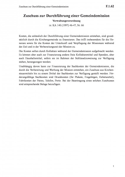 F.1.62 Zuschuss zur Durchführung einer Gemeindemission