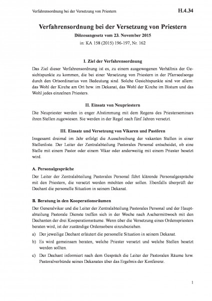 H.4.34 Verfahrensordnung bei der Versetzung von Priestern