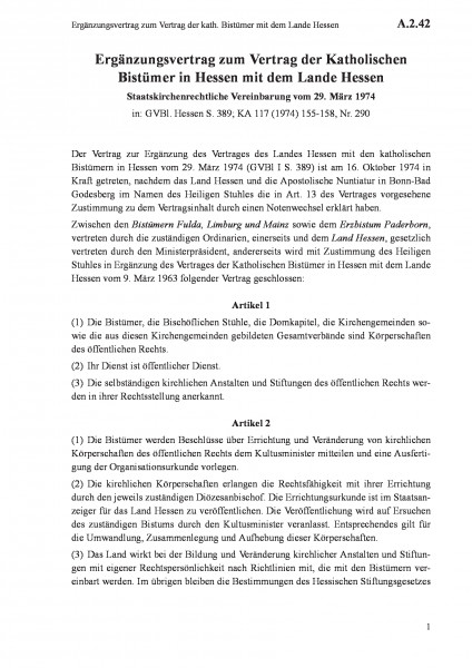 A.2.42 Ergänzungsvertrag zum Vertrag der kath. Bistümer mit dem Lande Hessen