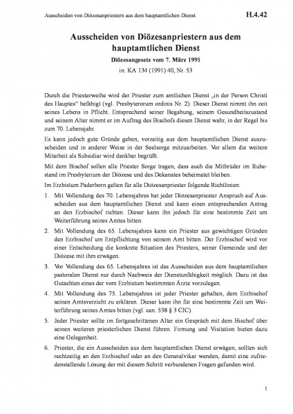 H.4.42 Ausscheiden von Diözesanpriestern aus dem hauptamtlichen Dienst