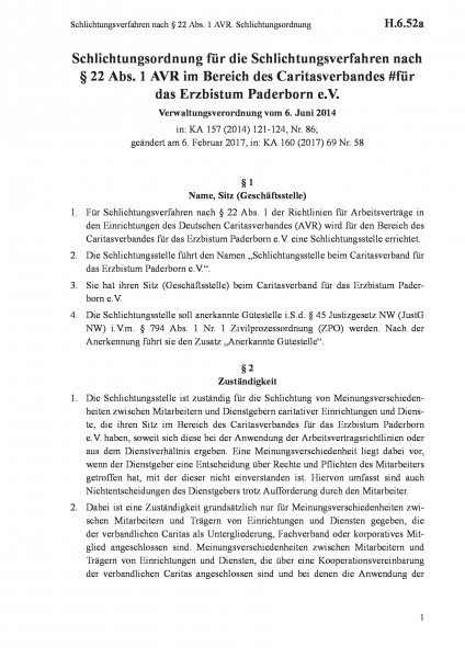 H.6.52a Schlichtungsverfahren nach § 22 Abs. 1 AVR. Schlichtungsordnung