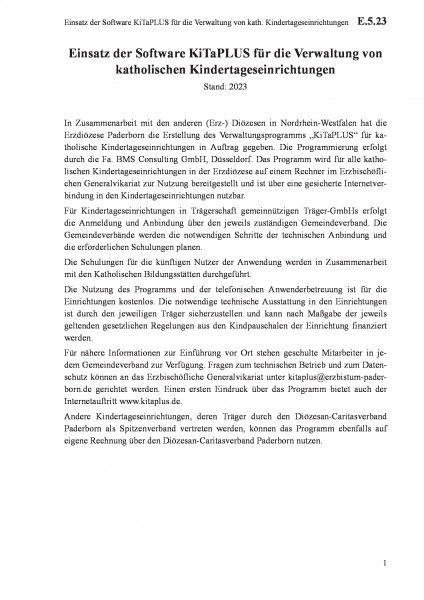 E.5.23 Einsatz der Software KiTaPLUS für die Verwaltung von kath. Kindertageseinrichtungen