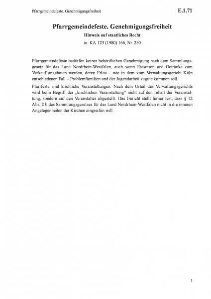 E.1.71 Pfarrgemeindefeste. Genehmigungsfreiheit